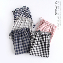 Couple pajamas spring and autumn pure cotton double gauze mens trousers Womens plaid home pants air conditioning pants