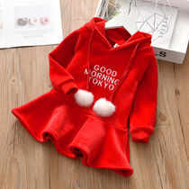 Childrens skirt girl dress plus velvet autumn and winter Island Velvet girl red skirt Korean version of foreign skirt
