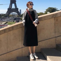 Stand collar zipper sweater skirt womens autumn and winter long knee long sleeve Spring and Autumn New loose velvet color dress
