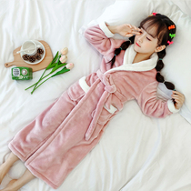 Childrens bathrobe Coral velvet nightgown Flannel autumn and winter girls extended night dress Girls lapel baby pajamas