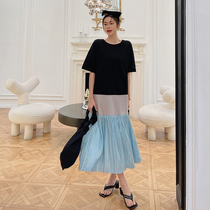 Short-sleeved dress womens summer 2021 new fat mm belly cover-up large size stitching pleated skirt short-sleeved casual long dress