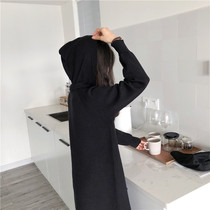 2021 autumn and winter new leisure medium long cover hooded sweatshirt with hat knit dress woman over kneecap long skirt