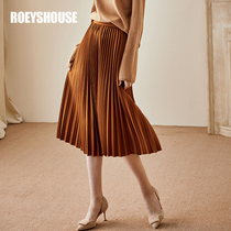 Luo Yi elegant large swing solid color skirt autumn new temperament commuter light coffee color medium-long pleated skirt 00775