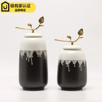New Chinese style modern ceramic copper storage tank ornaments Model room Home living room creative TV cabinet Entrance decoration