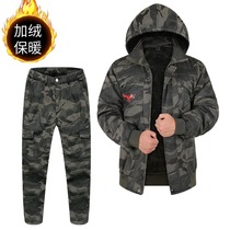 Plus velvet thick work clothes suit mens winter short cold-proof clothes welder with hood complete set of army green labor protection clothes