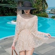Swimwear women conservative small chest student fairy fan split three-piece set lace shirt high waist thin 2021 New