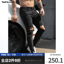 BLUESFLY SPORTS JEANS MALE Hole Fashion Casual Pants High Elasticity Deep Squatting 90% Little foot long pants
