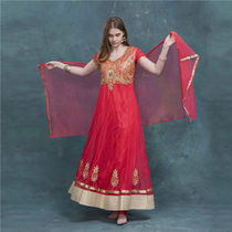 Indian dance practice suit performance wear next to Yana National Wind Mesh Yarn Big Swing Dress Short Sleeve Suit Watermelon Red