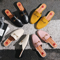 Genuine leather sloth half slippers female outside wearing white soft leather Mueller shoes flat-bottomed Baotou pink horse title buttoned semi-drag womens shoes
