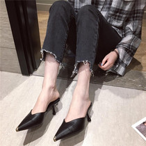 Hong Kong Summer New Black Little Fresh Baotou Outside Wearing Half Slippers Teenage Girl High Heel Shoes Woman Fine Heel Sandal Sandals