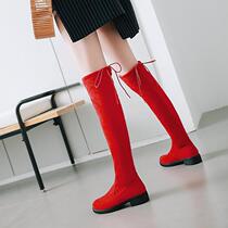  Autumn and winter frosted shoes flat bottom low heel over-the-knee boots stretch thin boots Gray red boots womens plus size womens boots HYT