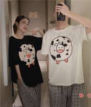 Day Series Short Sleeve Lovers Sleepwear Thin cotton cow printed Home Suit Big Code 200 Catty Plaid Long Pants Suit