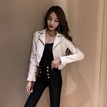 South Korea 2021 Spring and Autumn Dress Collar Long Sleeve Loose Short Jacket pu Leather Jacket Machine Clothing Top Womens Tide
