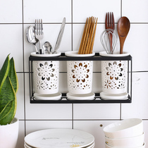 Kitchen ceramic hollow chopsticks tube without grain pattern double tube mildew proof household tableware chopsticks spoon storage box cage can be hung wall type