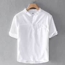 Summer mens casual cotton linen short sleeve T-shirt small stand collar loose linen white top ins tide thin breathable