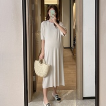 xioci small dish tide mother pregnant women long skirt lazy dress pregnant mother short sleeve dress long round neck T-shirt fashion