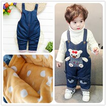Winter boys and velvet padded denim straps 0-1-2-3 years Old half female baby cotton pants children children tide