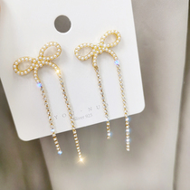 South Korea s925 silver needle pearl butterfly knot flow suearrings long style Temperament Zircons Pendant Mesh Red Ear Chain Earrings