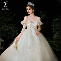 Shoulder wedding dress 2021 New main yarn pregnant woman bride temperament high-end dress simple atmosphere Palace wind winter