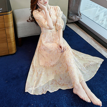 Hepburn style women's dress five-point sleeve printing summer 2021 new V-neck waist slim temperament skirt