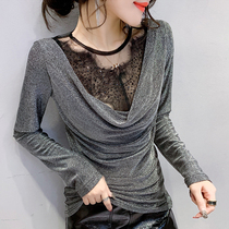 Europe station 2020 autumn and winter new womens European goods bright silk base shirt womens long-sleeved lace stitching foreign style top tide
