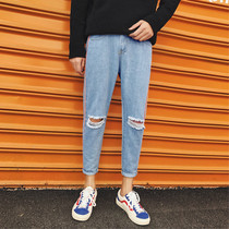 Aberdeen literary mens Japanese Harajuku style Spring and summer mens nine-point hole jeans trend slim all-match pants