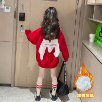 Girls with velvet red sweaters 2022 Deep autumn winter dress dressed with foreign gas children thickened the hoodie of fashionable girls