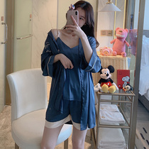 Ice Silk Sleepwear Woman Spring Autumn Long Sleeve Ocean Gas Four Pieces Summer Sexy Harnesses Shorts Silk Home Clothes Summer Thin