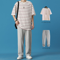 Striped short-sleeved Port wind t-shirt mens summer set of clothes loose trend ins mens clothing with handsome casual suit