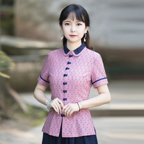 Junya Tang Bottling Women China Wind Summer Short Sleeve Blouses Slim Fit for the Ancient Temperament Ocean Qi and Chinese Womens Clothing