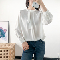 Spring and summer new chiffon shirt long sleeve pullover round neck ribbon bead decoration wave dot solid color loose casual shirt