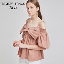 (Shopping mall same model) Sugar Power summer new orange pink lantern sleeve loose bow strapless shirt female