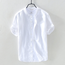 Stand-up collar cotton and linen short-sleeved shirt Mens summer linen top clothes White casual round neck linen shirt Mens