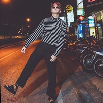 Korea ulzzang T-shirt Harajuku retro simple fashion black and white striped high neck long sleeve T-shirt couple base shirt