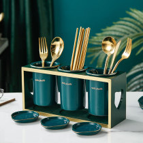 Nordic ins light and luxurious retro gold peacock green wood frame double chopstick cylinder ceramic trichopstick cage knife fork containing cylinder