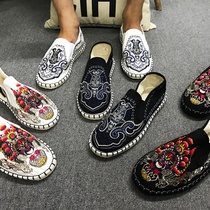 Canvas shoes men Jiangnan color ghost cloth art Women old Beijing cloth shoes social guy Bean shoes Thorn embroidered shoes beef tendons