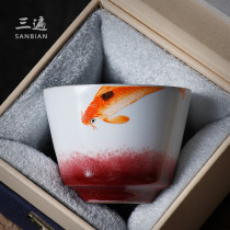 Three times Jingdezhen pure hand-painted fish Opera official kiln tea cup glaze color handmade owner of the tea cup Weng village official system