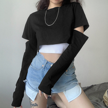 H home European and American Street Sports Leisure sleeve elbow hollow fake two pieces of black and white contrast color T-shirt female loose bf round neck sweater
