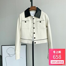 2021 Spring and Autumn New Sheep Leather Leather Jacket Women Short Stand Collar Simple High Waist Haining Jacket