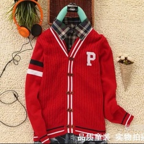 Boys sweater cotton spring and autumn shirt collar fake two pieces of medium and large childrens wear sweater plus velvet cardigan sweater