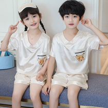 Korean kids sleepwear summer 2022 new boy girl ice silk short sleeve thin homewear set air-conditioned clothing