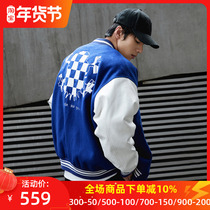 Muscle Dog American Klein Blue Checkerboard Baseball Uniform Mens Winter Trendy Brand PU Leather and Wool Jacket