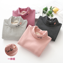 Korean version of the girl half high neck base shirt plus velvet Winter girl baby stripe letter long sleeve T-shirt 3 childrens warm clothes