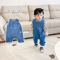 Infant spring and autumn sleeveless denim climbing clothes baby cartoon jumpsuit autumn fashion ha clothes cute out of clothing