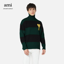 AMI unisex classic love wool solid color fashion casual embroidery stripe turtleneck sweater