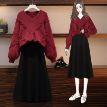 Hong Kong Tide Card 2022 Spring Big Code Women Dress slim red Lions dress Fat Sister Foreign Air Sweater Two Suits