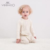 English baby one-piece clothes male and female baby Summer thin organic cotton long sleeve khae striped climbing suit 183B0320