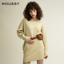 MOUSSY 20 AUTUMN V-neck OFF-THE-shoulder CASUAL MEDIUM-long sweater 010DSS70-0440