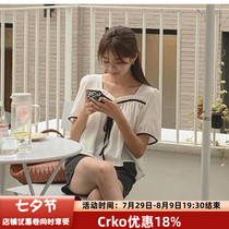 South Korean CRKO Official web 2022 June Summer womens clothing sweet and beautiful butterfly knot Coloured short sleeve blouse shirt
