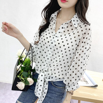 Summer polka dot shirt sunscreen clothes for women with suspenders skirt short cardigan Chiffon shawl thin jacket Student women